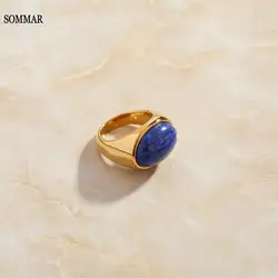 SOMMAR Hot New 18KGP Gold plated size 6 7 8 Girlfriend female ring Lapis lazuli medieval ring men ring jewelry 2024