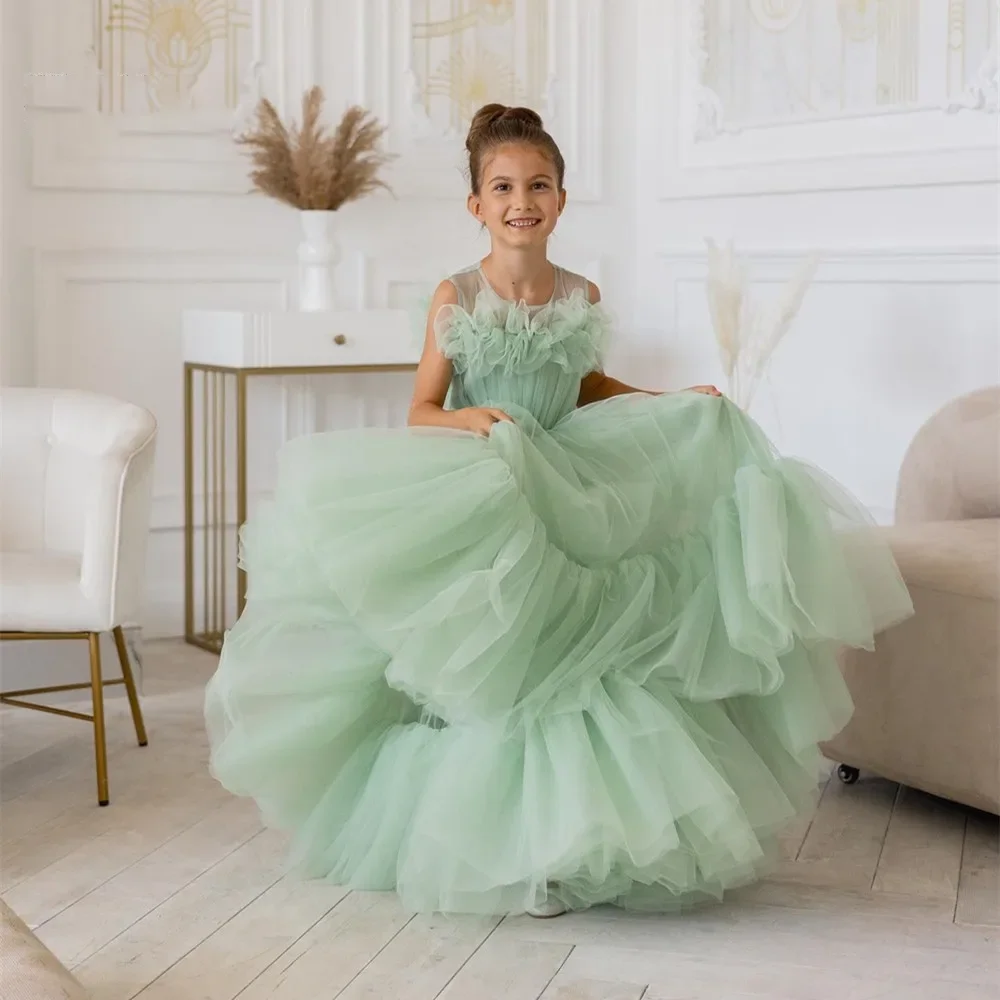 

Green Real Image Girl Princess Dress Lace Puffy Flower Girl Dresses Sleeve Cute Baby Birthday Gowns Wedding Todder Party Dress