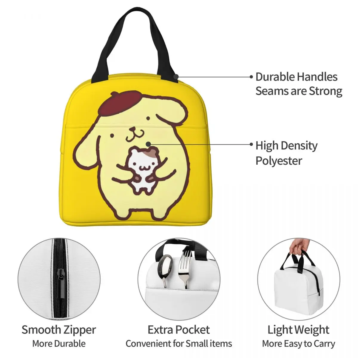 Fiambrera con aislamiento de Pom Purin con gato para hombres y mujeres, bolsa enfriadora, contenedor de almuerzo, Tote de alta capacidad, trabajo al aire libre