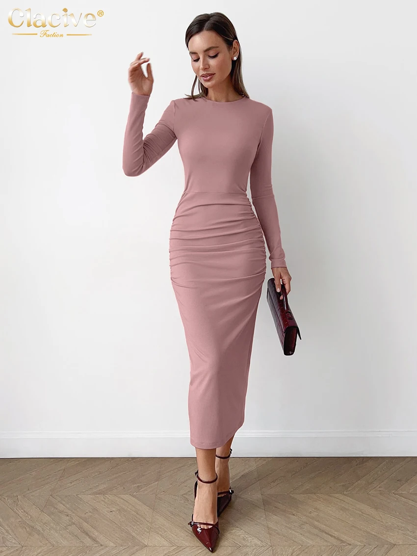 

Clacive Bodycon Pink Knitted Women's Dress 2026 Fashion O-Neck Long Sleeve Midi Dresses Elegant Classic Solid Female Dress