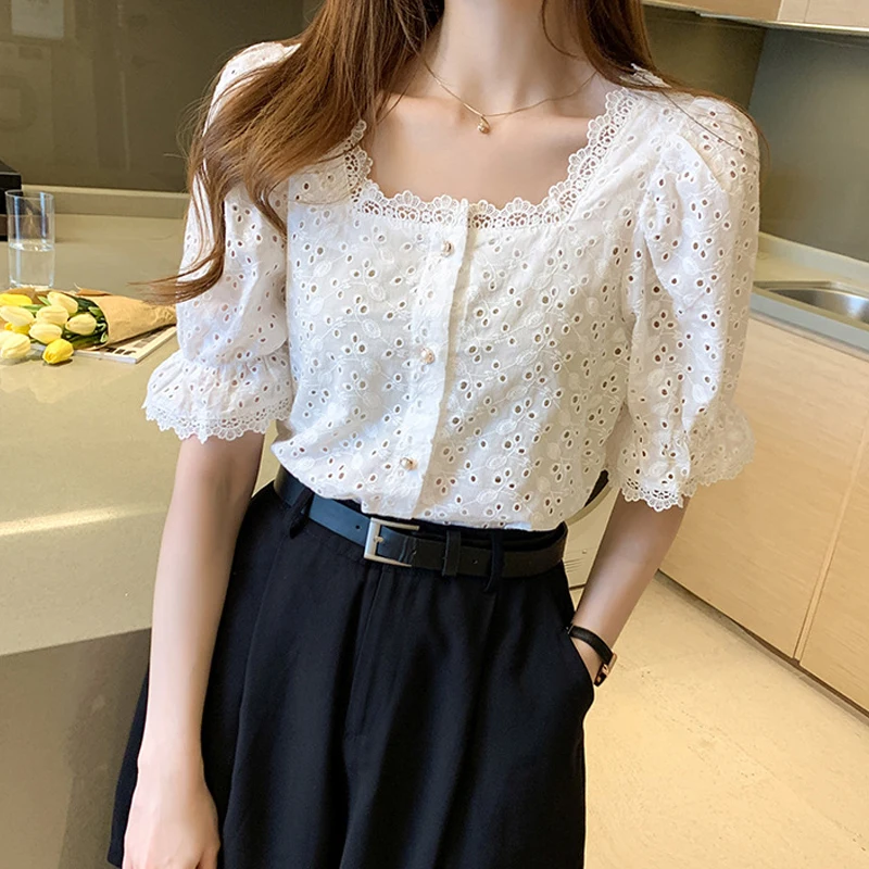 Vintage Hook Hollow Flower Tops Elegant Lace Shirt Elegant Women Clothes Summer Square Collar Short Sleeve Blouse Blusas 13934