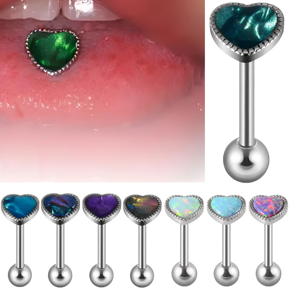 1/5PCS Surgical Steel Heart Shape Shell Opal Sawtooth Tongue Studs 14G Sexy Pierced Tongue Barbell Piercing Women Man Jewelry
