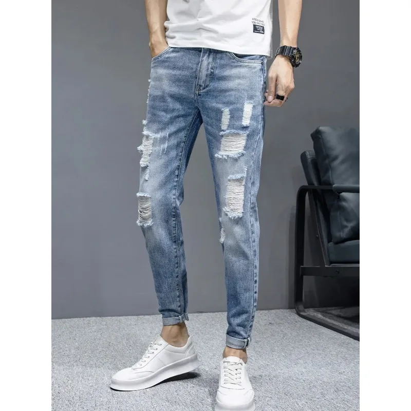 

Ripped Jeans Men's Streetwear Fashion Korean Youth Slim Little Feet Denim Trousers Stretch Cotton Ankle Length Pants MaleNew