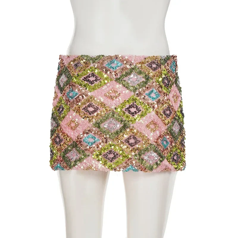 Damska Moda Kolorowa Krata Cekiny Mini Spódniczki Sexy Niska Talia Obcisła Y2K Klub Nocny Impreza Spodnie Codzienna Uliczna Spódniczka