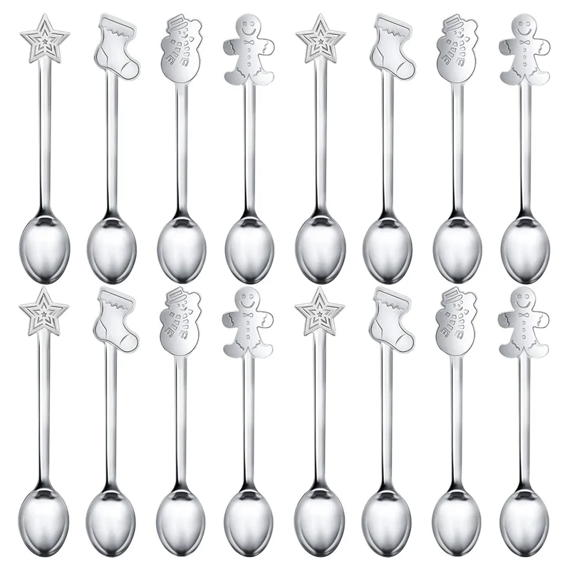 Cucharas de café de acero inoxidable para Navidad, 16 piezas, vajilla de postre, cocina, regalos de Año Nuevo, Plata