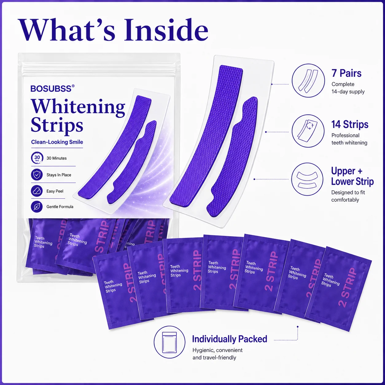 Non-Sensitive Purple Teeth Whitening Strips, Easy to Apply Tooth Brightening Strips for Removing Surface Stains on Teeth
