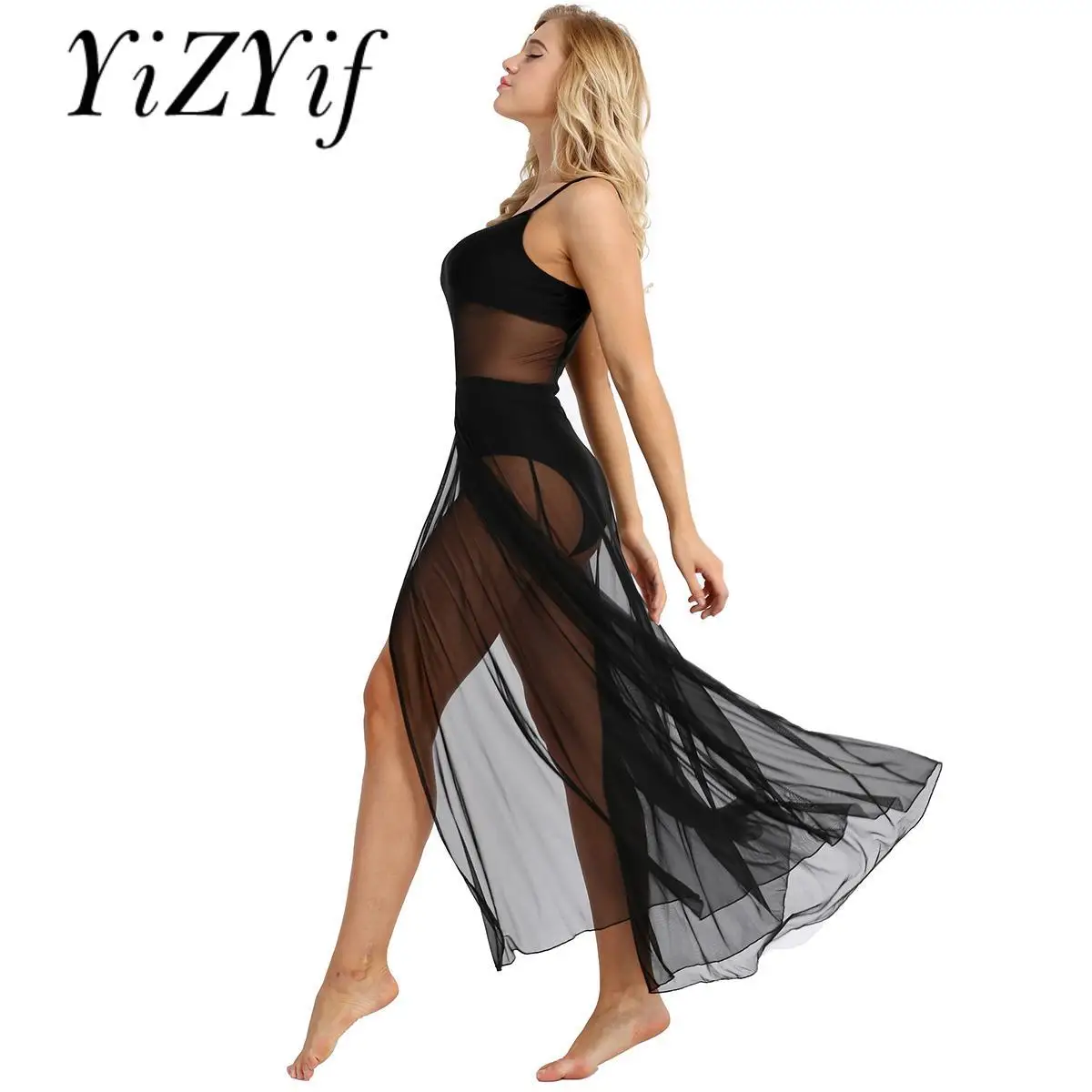 Women Adult Sleeveless Mesh Lyrical Modern Contemporary Dance Costume Spaghetti Strap Split Maxi Dance Dress Ballet Leotard