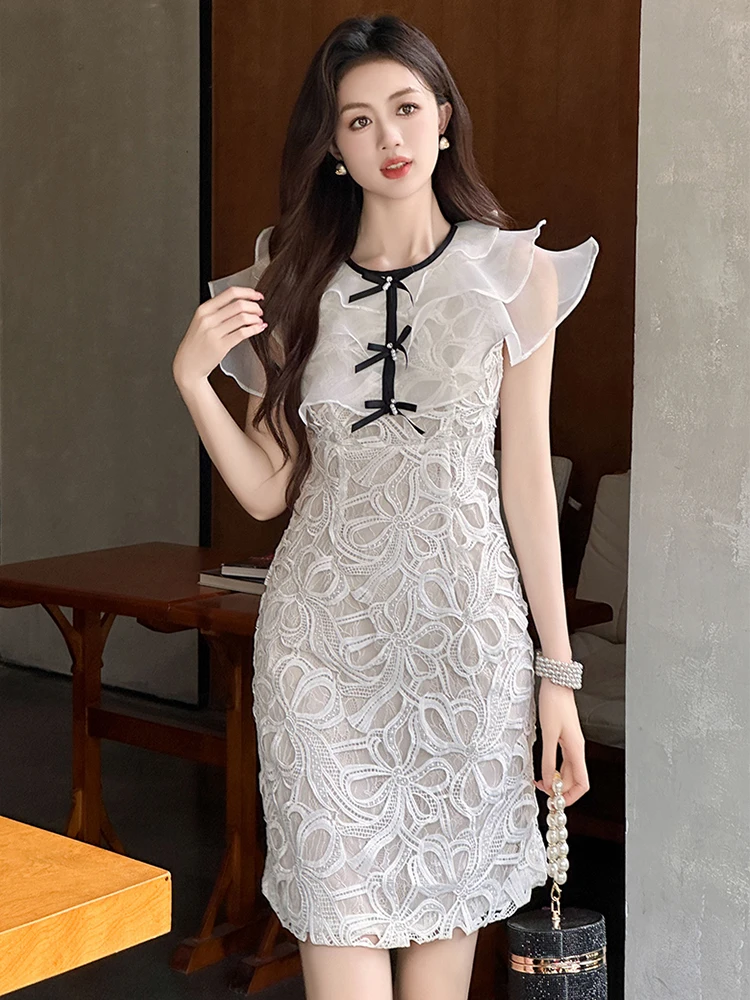 

Summer Fashion Lady Lace Floral Vacation Evening Dress Women Clothes Sweet Ruffle Sexy Sleeveless Slim Short Party Prom Vestidos