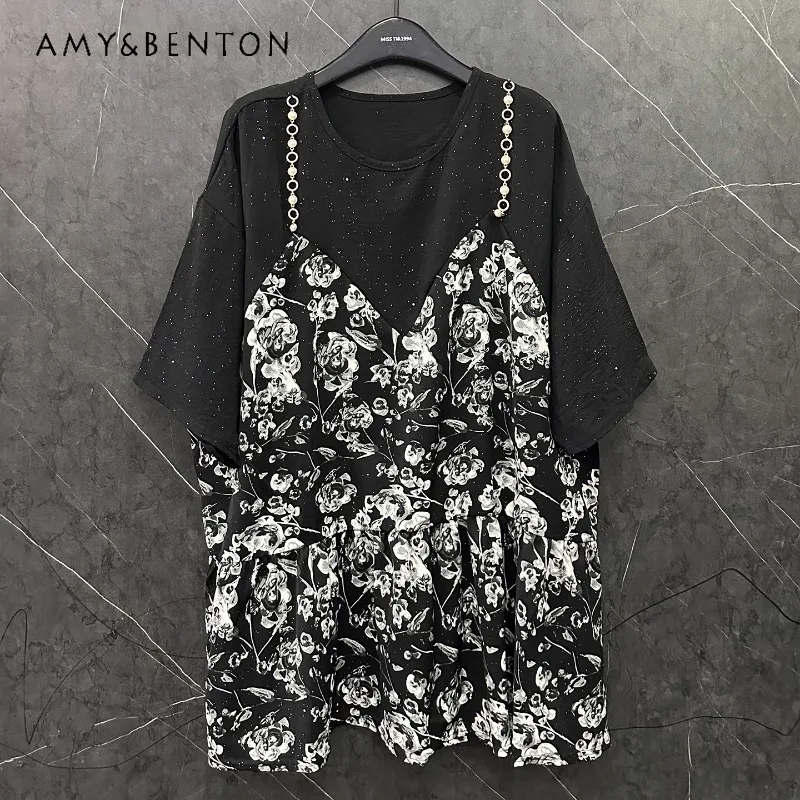 

Summer New Fake Two-piece Floral Short-sleeved T-shirt Dress Women's Loose Casual Medium And Long Top O-neck Tshirts Pullover