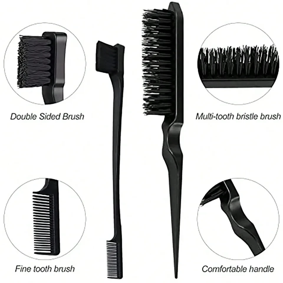 3pcs Hair Styling Comb Set Teasing Hair Brush Triple Teasing Comb Rat Tail Combs Edge Brush Hair Tail Tools Braid Tool Loop