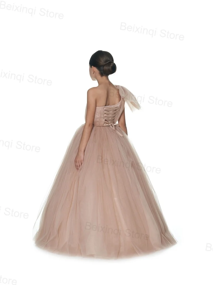 Abiti per ragazze eleganti da festa Tinta unita Spalla singola Fiocco in tulle Offerta speciale Abiti da ballo eleganti per feste da sera per bambini