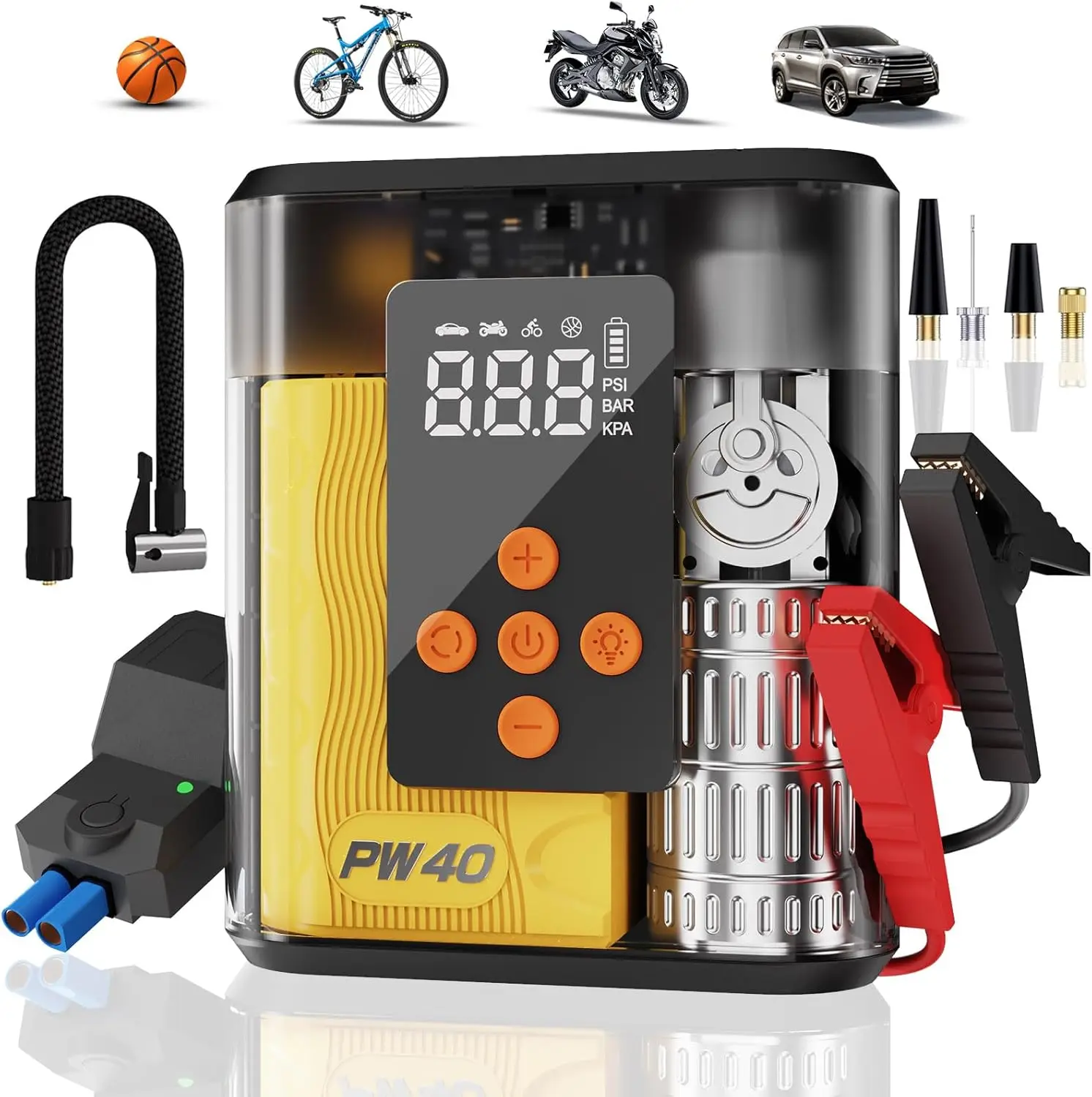 

Jump Starter with Air Compressor, 4000A Peak, 200 PSI Inflator, LED Light, USB Ports, Emergency Kit for Up to 9.0L Gas Engines