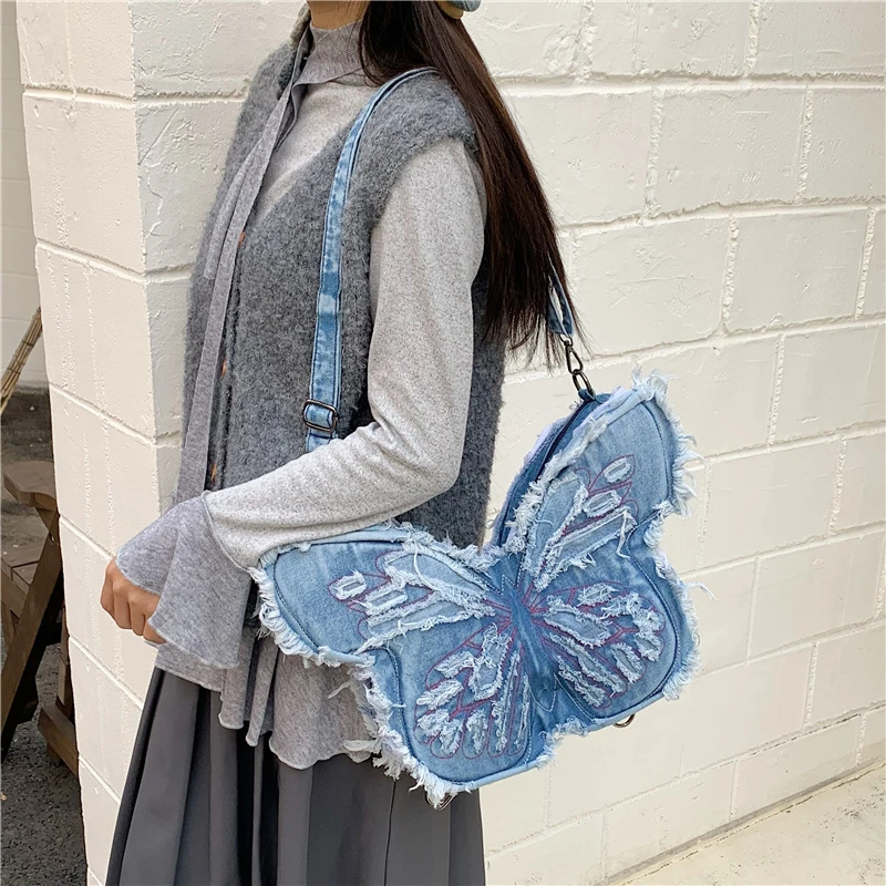 

Niche Design Women's Denim Backpack Butterfly Embroidery Large Capacity Versatile Bag for Travel & Trip