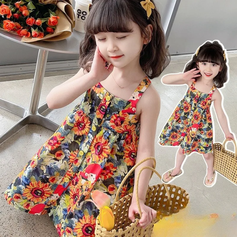 Summer New Children's Wear Girl's Cartoon Color Contrasting Sling Dress Girl Baby Pure Cotton Printed Tourism Tank Top Skirt 2-6