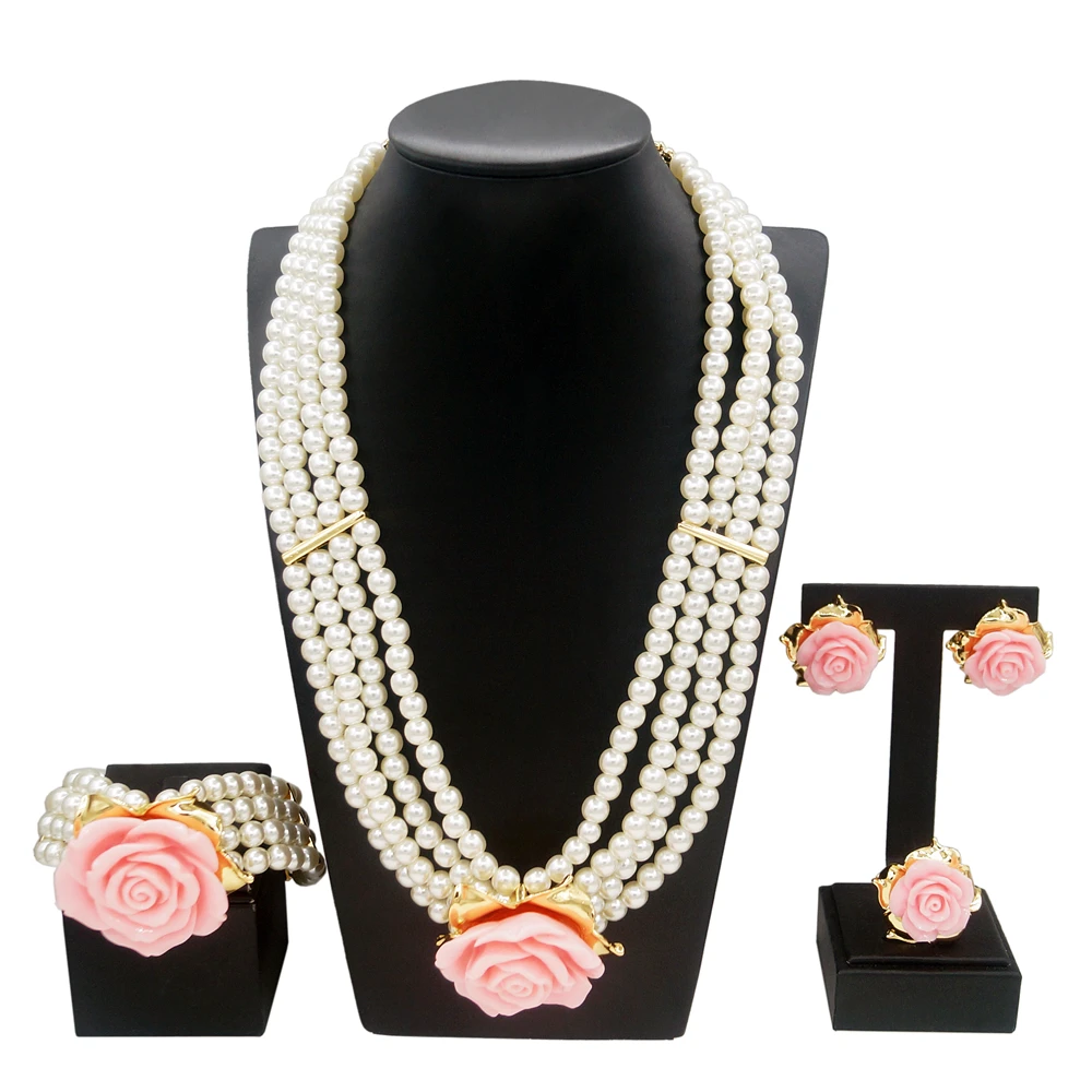 

Brazilian style Jewelry 4-piece Pearl Flower Element Innocent Romantic Elegant Girl Wedding Birthday Party Gift