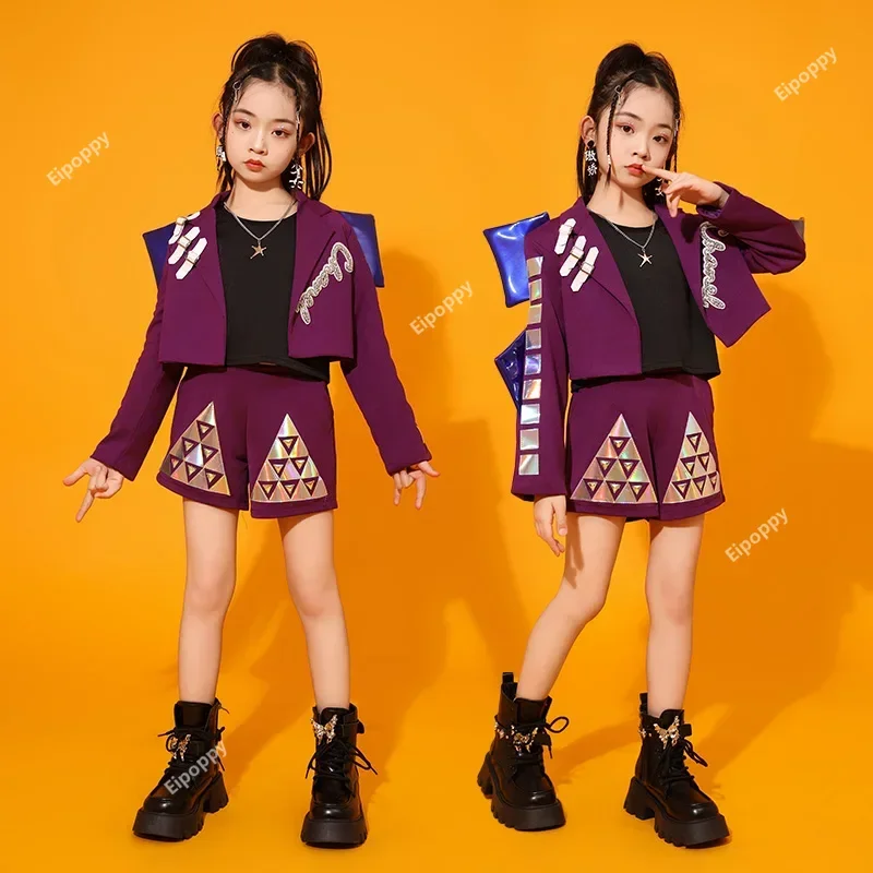 Street Jazz Dance Hip-hop Costume Kids Sequin Model Walks The Runway Dance Girls Clothes Dance Wear Shiny Cool Clothes Children