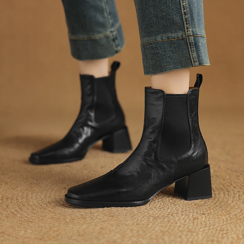 Autumn Women Boots Square Toe Chunky Heel Boots Genuine Leather Shoes for Women Modern Black Ankle Boots Казаки Женские Обувь