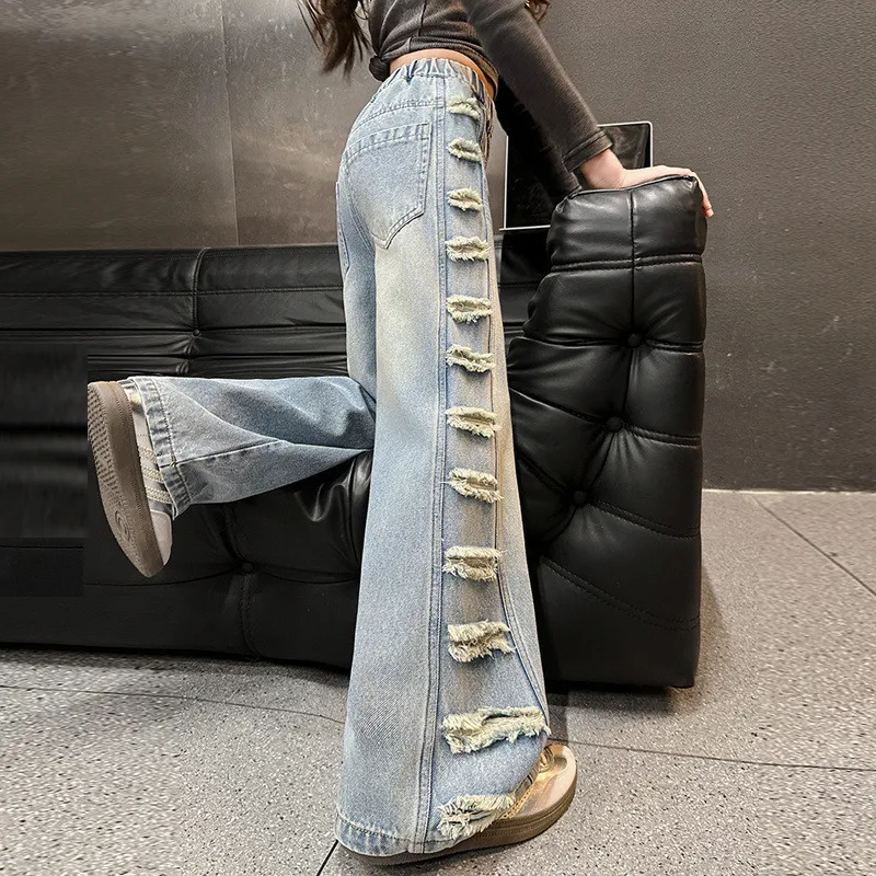 جينز ربيعي للأطفال البنات لعام 2025 سروال جرس مرن للأطفال ممزق بنطال ذو قصة أرجل واسعة من قماش الدنيم بنطلون خريفي 4 5 8 10 11 12 13 سنة #5