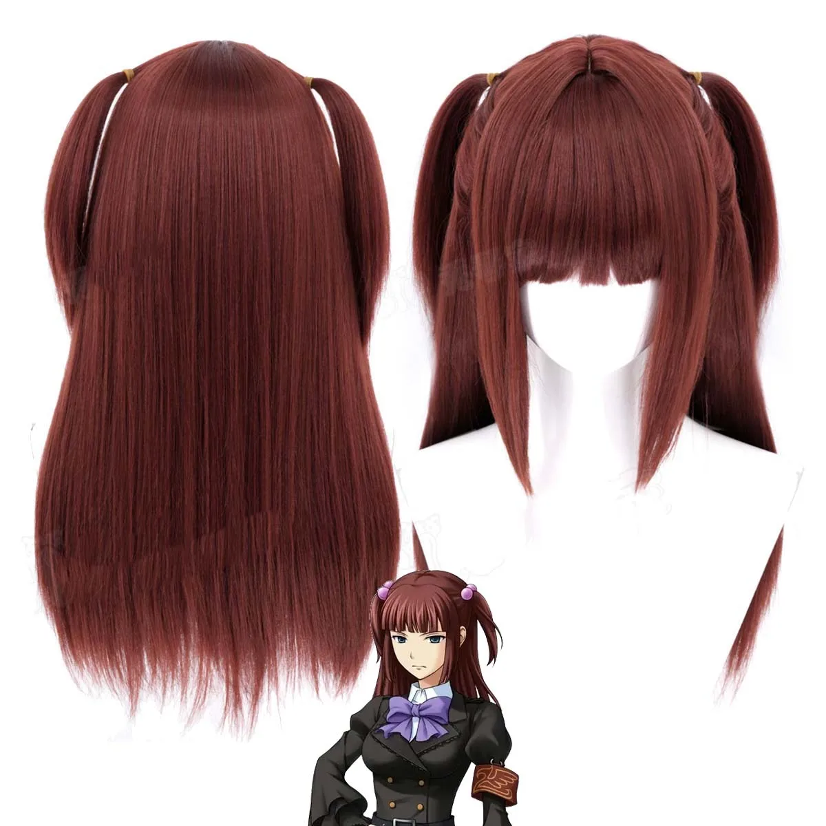 Damen Umineko When They Cry Ange Ushiromiya Cosplay Perücke Hitzebeständig Synthetisch Lang Rotbraun Doppelschwänze für Anime Cosplay
