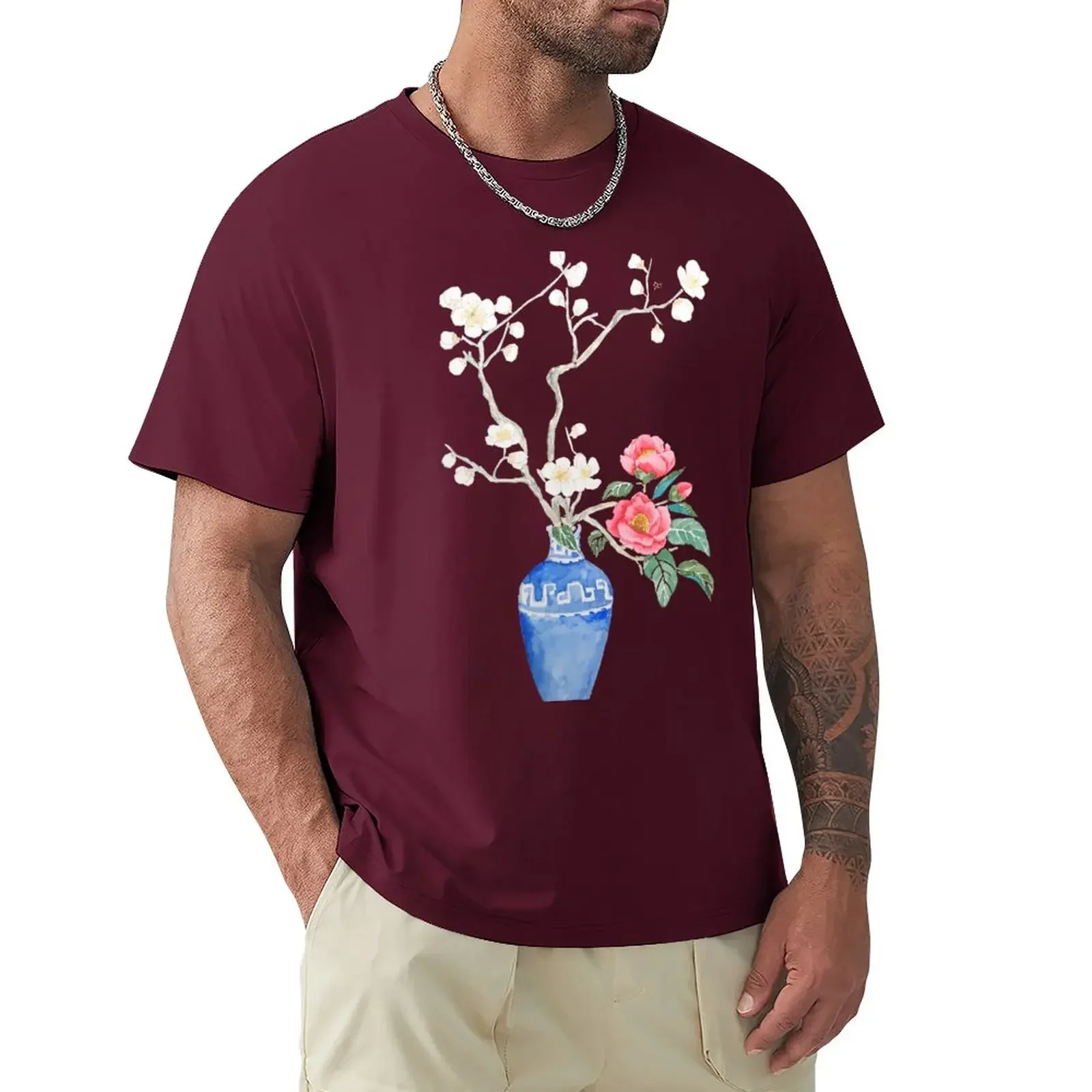 vintage summer tops t shirts for men red camellia flower white plum flower in a blue vase T-Shirt  harajuku  men clothing