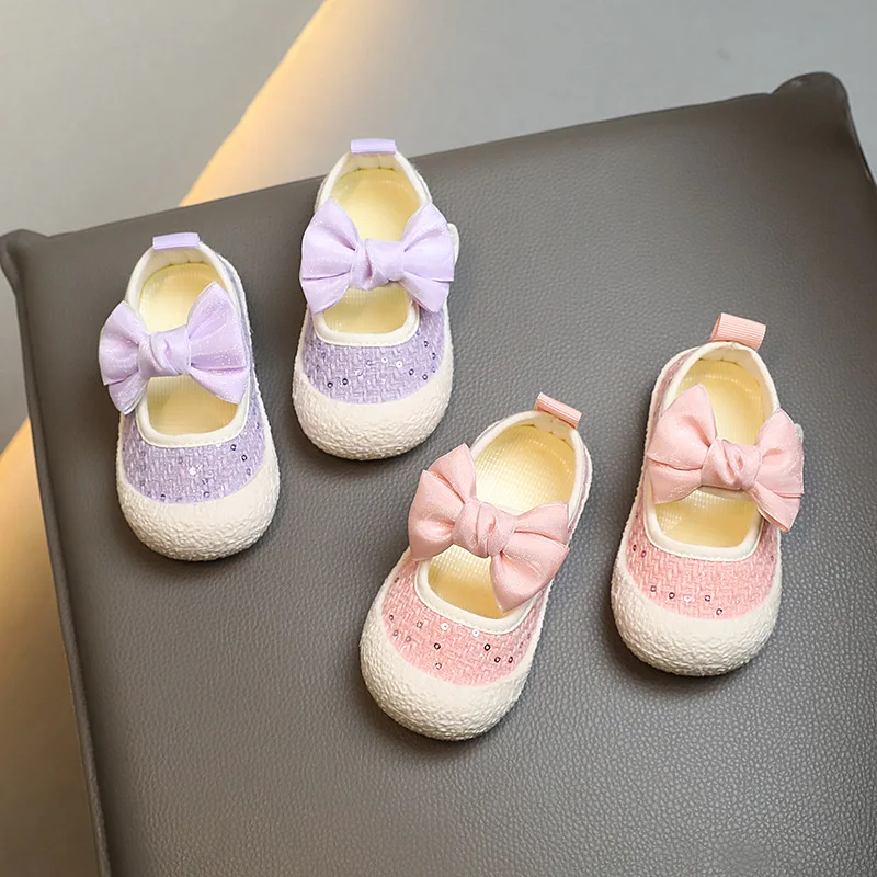 Spring Girl's Canvas Shoes Pink Purple Bowknot Lovely Childen Casual Shoe Breathable Shallow Flexiable Round Toe Kids Shoe 20-31