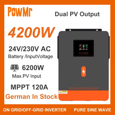 EU 4200W Grid-Tie/Off-Grid Hybrid Inverter DC 24V to 230V AC 120A MPPT Solar Charge Controller Max PV Power 6200W Dual PV Output