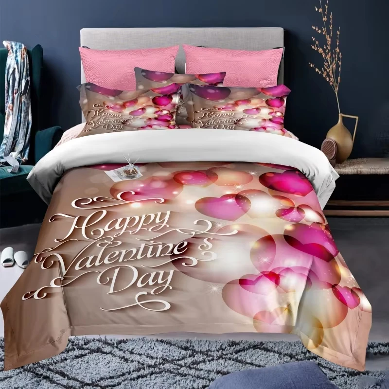 Valentine's Day Duvet Cover King Twin Size Romantic Floral Love Heart Pattern Bedding Set Microfiber Love Print Comforter Cover