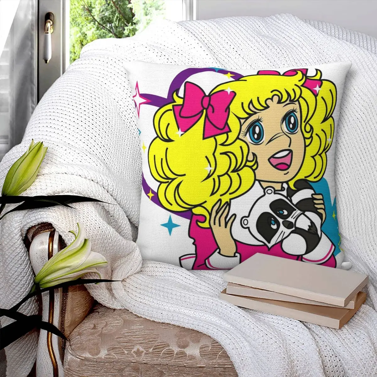 Candy Candy Anime Girl With Racoon Clint With Heart Stars Pillowcase Printed Cushion Cover Decor Pillow Case Cover Bed