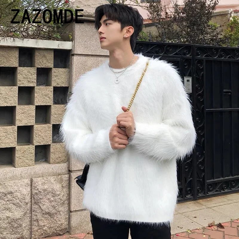 ZAZOMDE 2024 Men Autumn Winter New Oversize Solid Color Knitted Jumpers Male O-neck Sweater Tops Men Long Sleeve Warm Pullovers