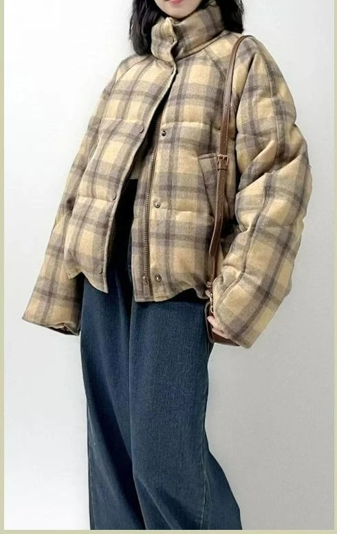 

Retro Short Cotton Jacket 2025 Winter New Design Grid Contrasting Color Versatile Thickened Warm Cotton Coat