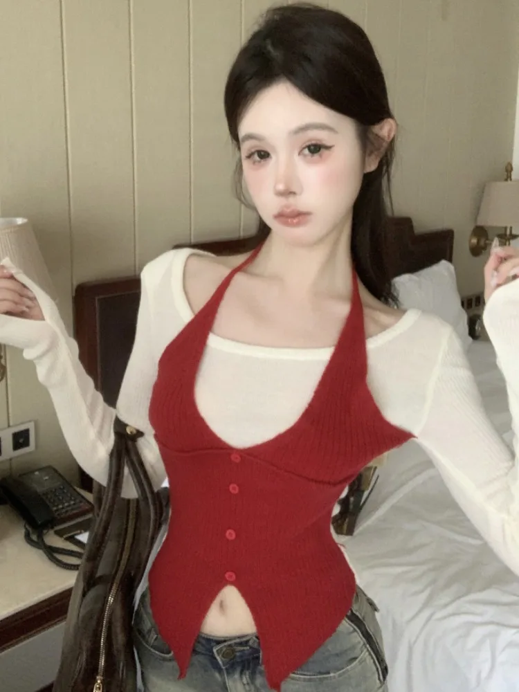 

Dopamine Spicy Girl Necktie Sweater Women's Pure Desire Color Block Slim Fit Knitted Shirt Korean Style Commute Wind
