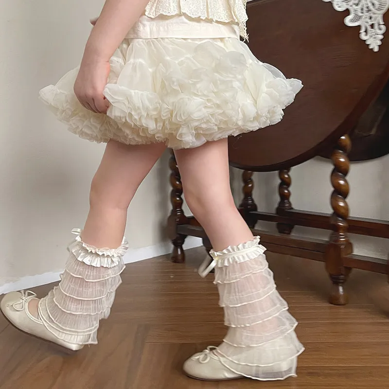 Creamy Tones Designer Multi-layer Cake Lace Bowknot Sock Covers，Stylish and Exquisite Summer Leg Covers for Baby Girls Gifts