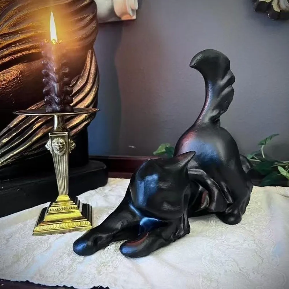 

Cute Halloween Black Cat Statue Glow in The Dark Handmade Cat Resin Sculpture Unique White Stretching Cat Figurine