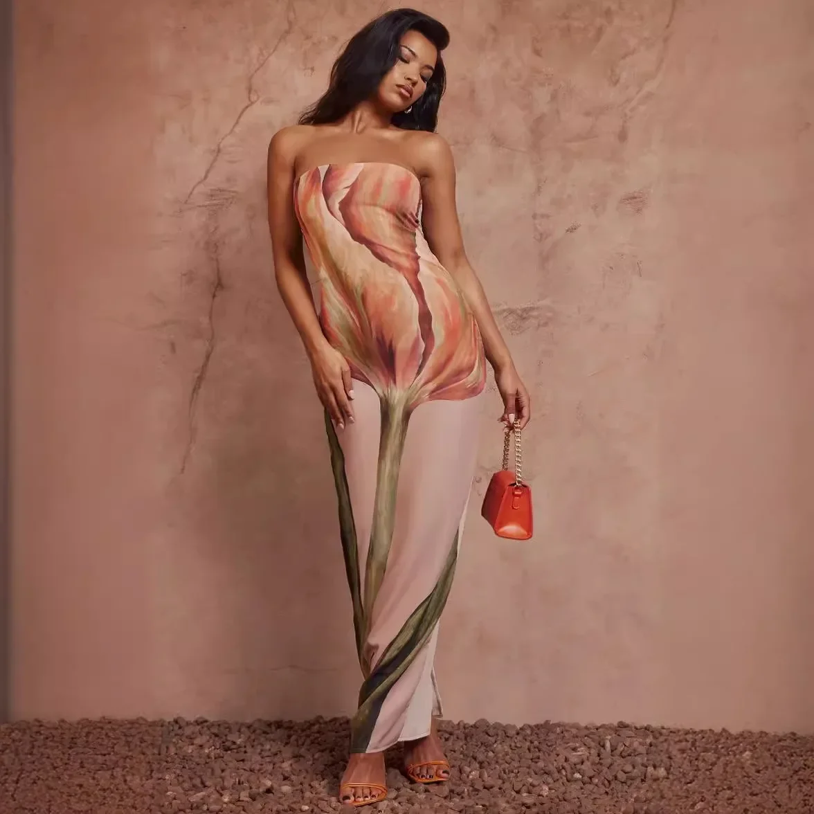 أنيقة الطباعة شاطئ المرأة الصيف فستان ماكسي حمالة قبالة الكتف الإناث حفلة عارية الذراعين فستان المرقعة فستان مناسبات ضئيلة #2