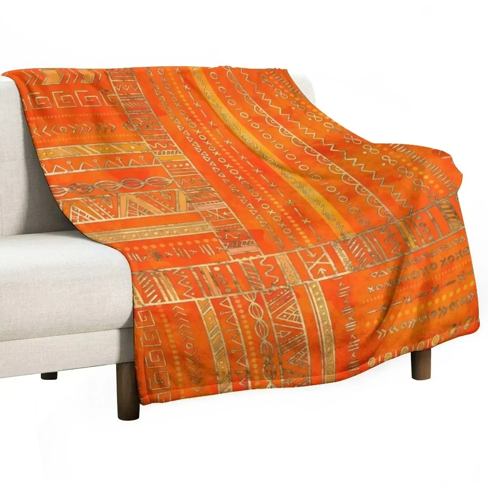 

Tribal Ethnic pattern gold on bright orange Throw Blanket Multi Use Warm Blanket for Living Room Bedroom