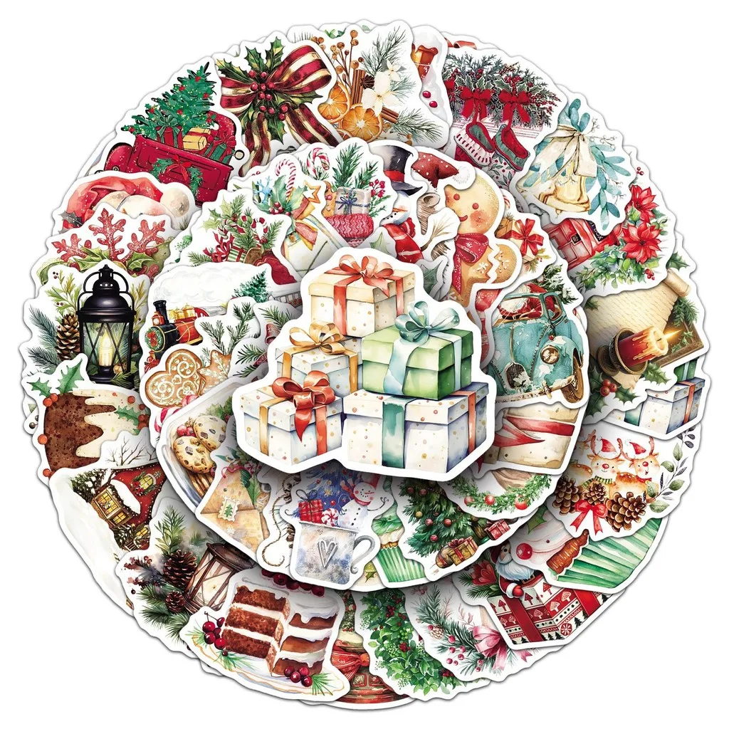 50 Pieces Vintage Watercolor Christmas Decorative Stickers Creative Holiday Christmas Decals for Journals DIY Anime Worlds Store