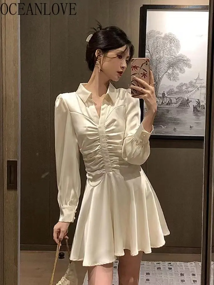

OCEANLOVE Spring Autumn Mini Dresses Solid Korean Fashion V Neck Vestidos Mujer A-line Long Sleeve Elegant Retro Women Dress