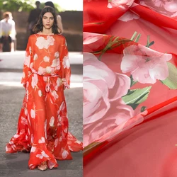 Spring and Summer Show High-definition Catwalk Chiffon Fabric with Big Red Flowers and Digitally Printed Skirts Holiday Style