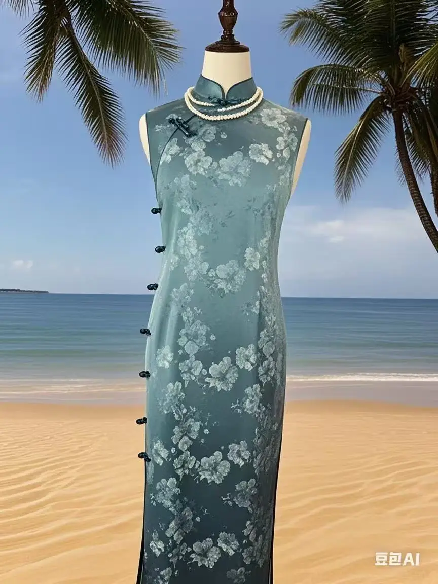

Винтажное платье в китайском стиле, летнее жаккардовое платье Cheongsam, элегантное Ципао без рукавов с высоким разрезом для женщин
