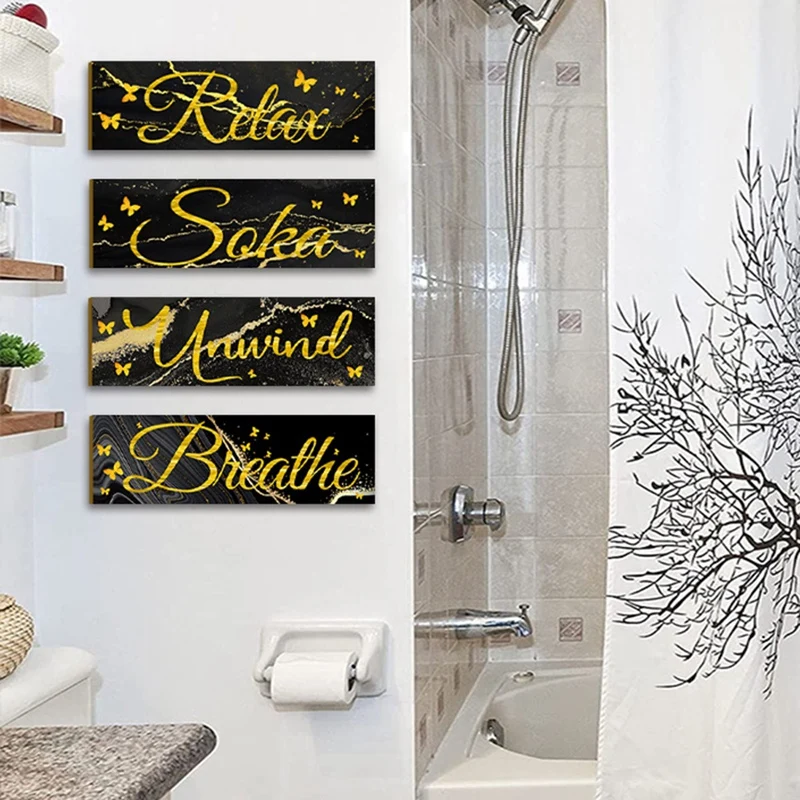 4 PCS Bathroom To Relax Soak And Breathe Wall Art, Wooden Hanging Sign Rural Retro Farmhouse