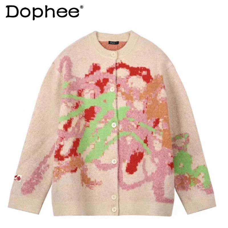 

Fashion Jacquard Cardigan Sweaters Men 2025 Autumn New Knitted Colorful Graffiti Jackets Tops Male Handsome Loose Chic Knitwears