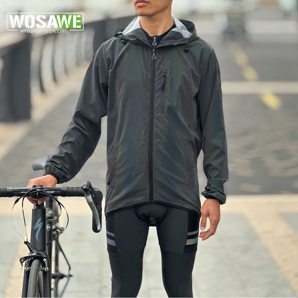 WOSAWE Reflective Hooded Bicycle Jacket Windproof Coat Road MTB Cycling Wind Coat Long Sleeve Clothing Quick Dry Thin Jackets