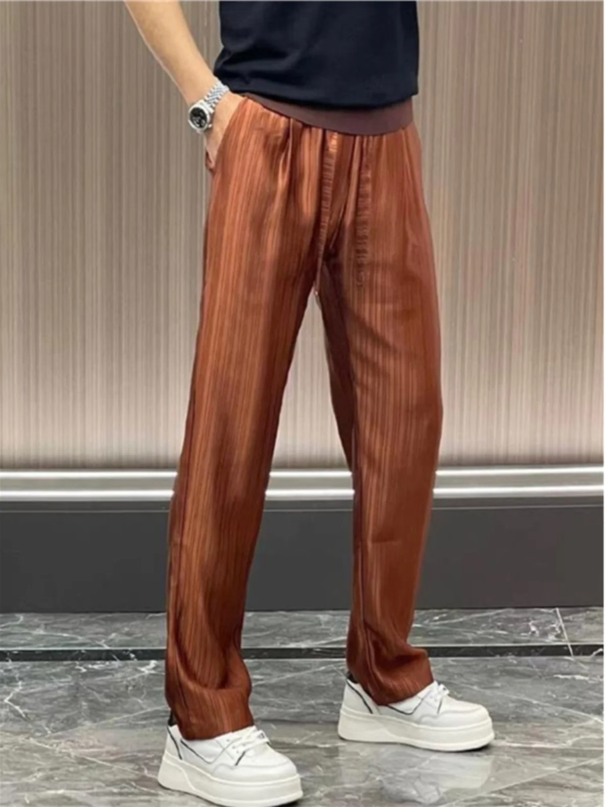 

Summer 2024 Men's Loose Fit Acetate Ice Silk Wide Leg Straight Casual Pants Thin Trendy Long Trousers Casual Faion Sle