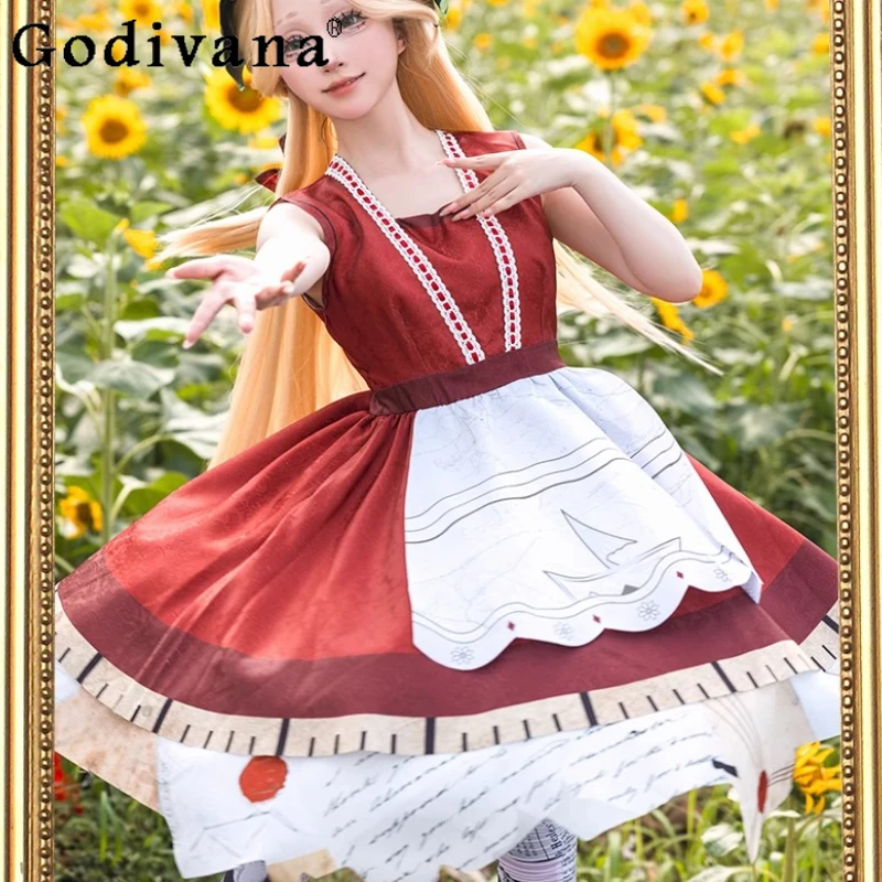 Costume cosplay per ragazza Pelle invecchiata Abito Lolita rosso Donna Abito natalizio carino Gioco Identity Survivor Memory Dress con parrucca