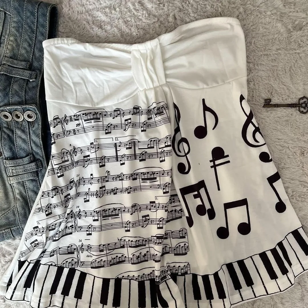Black and White retro Women Top Piano Key Music score punk y2k Hot Girl Tube top Sweet Vest