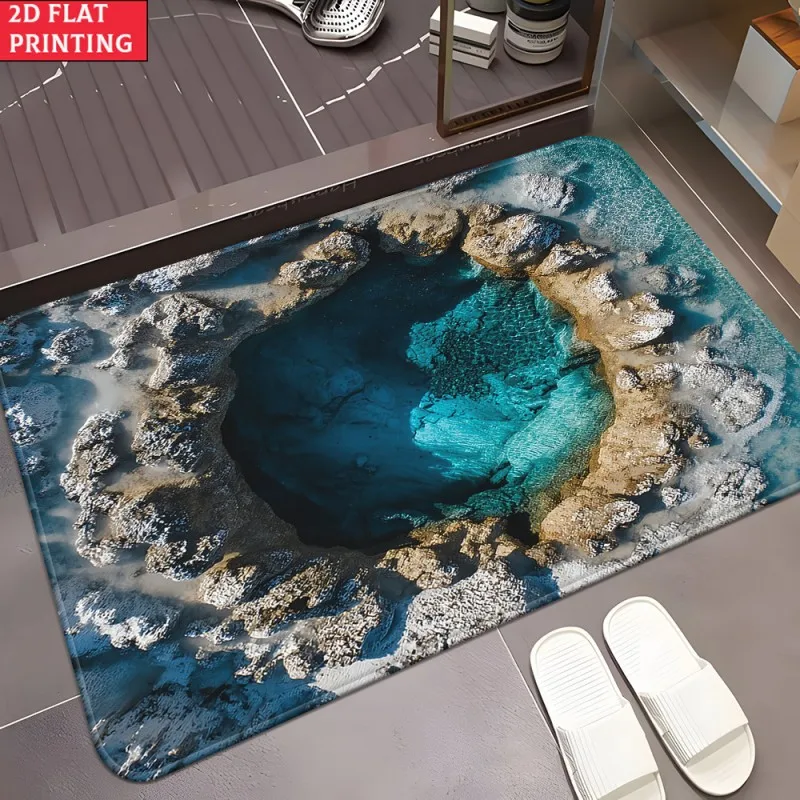 3D Blue Ocean Doormat Aerial View Clear Water Beach Print Vivid Nature Scene Mat for Bathroom and Entryway