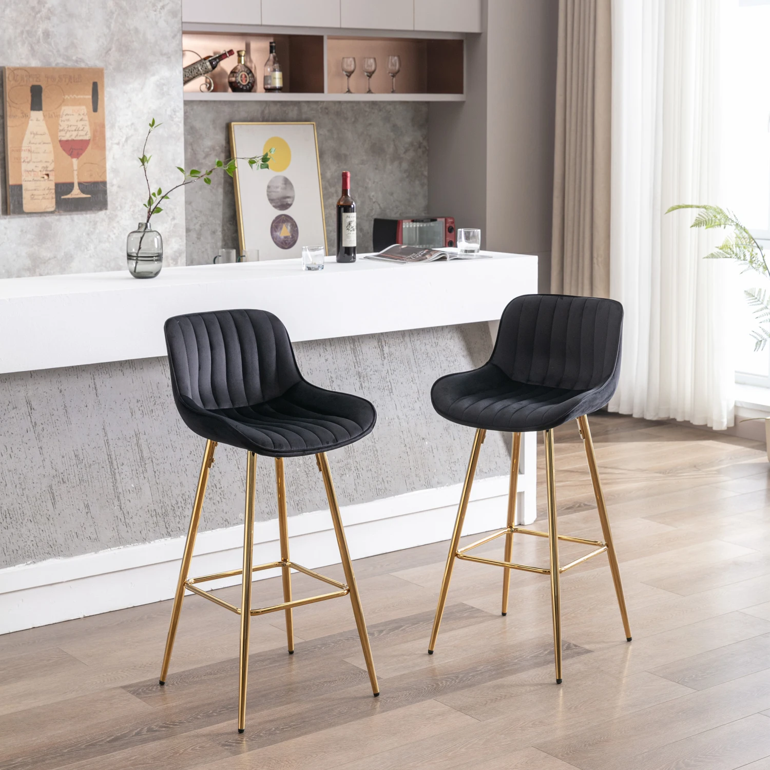 

30 inch Set of 2 Bar Stools,with Chrome Footrest Velvet Fabric Counter Stool Golden Leg Simple High Bar Stool,black