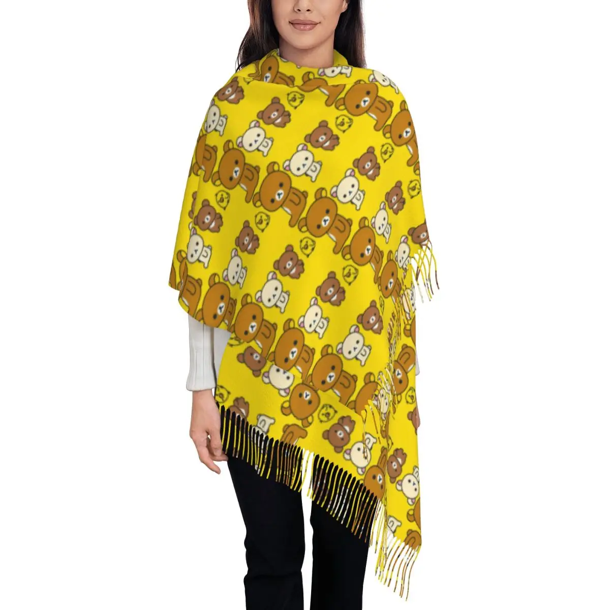 

Изготовленный на заказ шарф Rilakkuma с героями мультфильмов для женщин, стильная зимне-осенняя шаль с кисточками