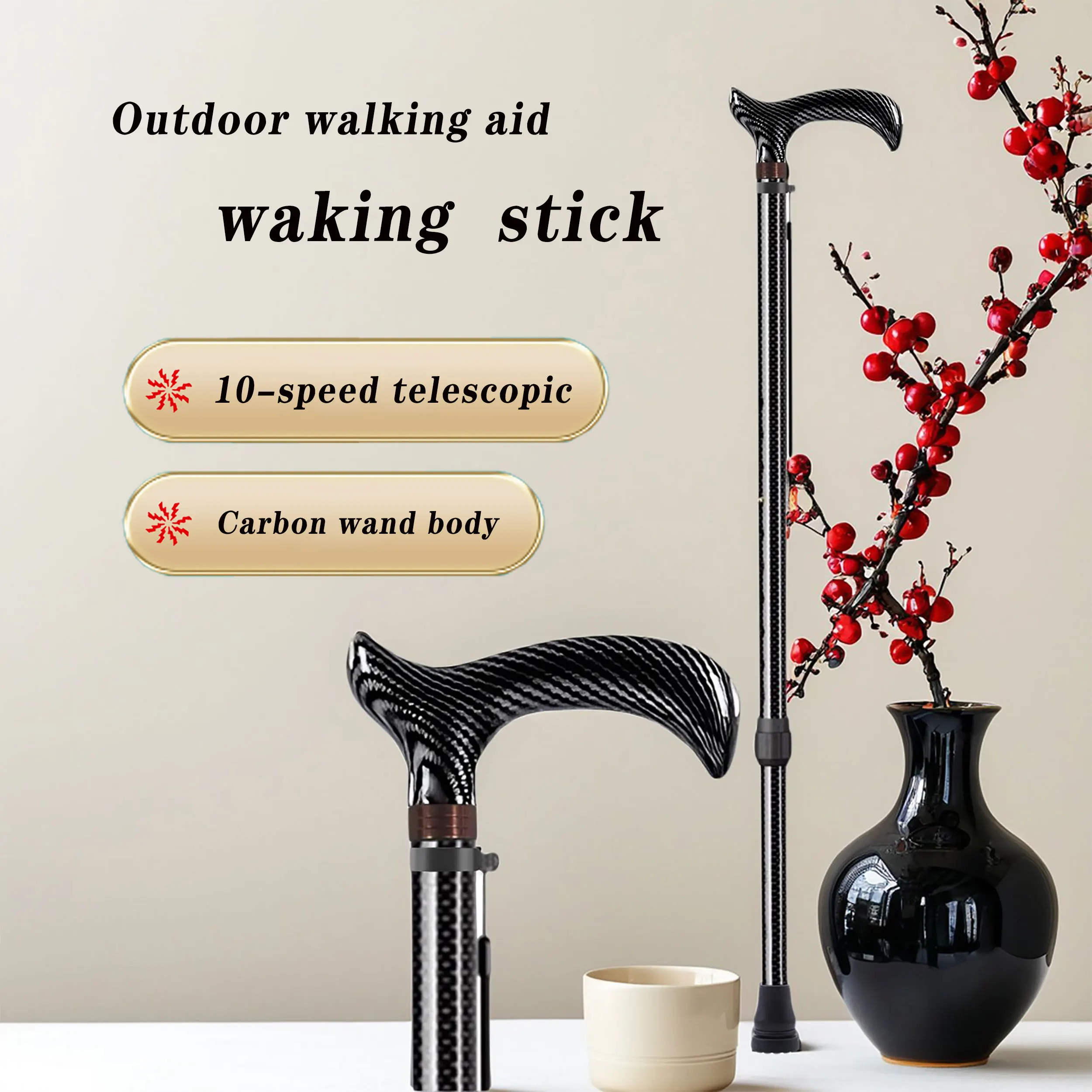 Carbon Telescopic Cane Anti-Slip Fall-Proof Hiking Pole Walking Stick for Assisting Walking During Hiking Outdoor Supplies