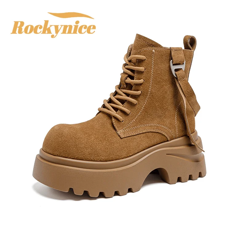 New Ankle Boots for Women 7CM Thick Heels Motorcycle Boots High Platform Suede Genuine Leather Sneakers Short Boots Mujer Botas